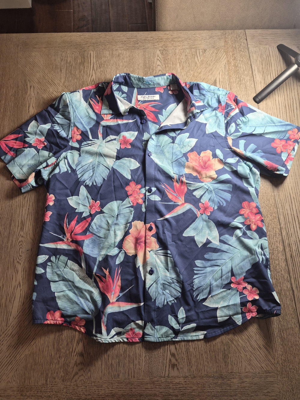 Tommy Bahama Navy Tropical Floral Button-Down Shirt with Coral Accents